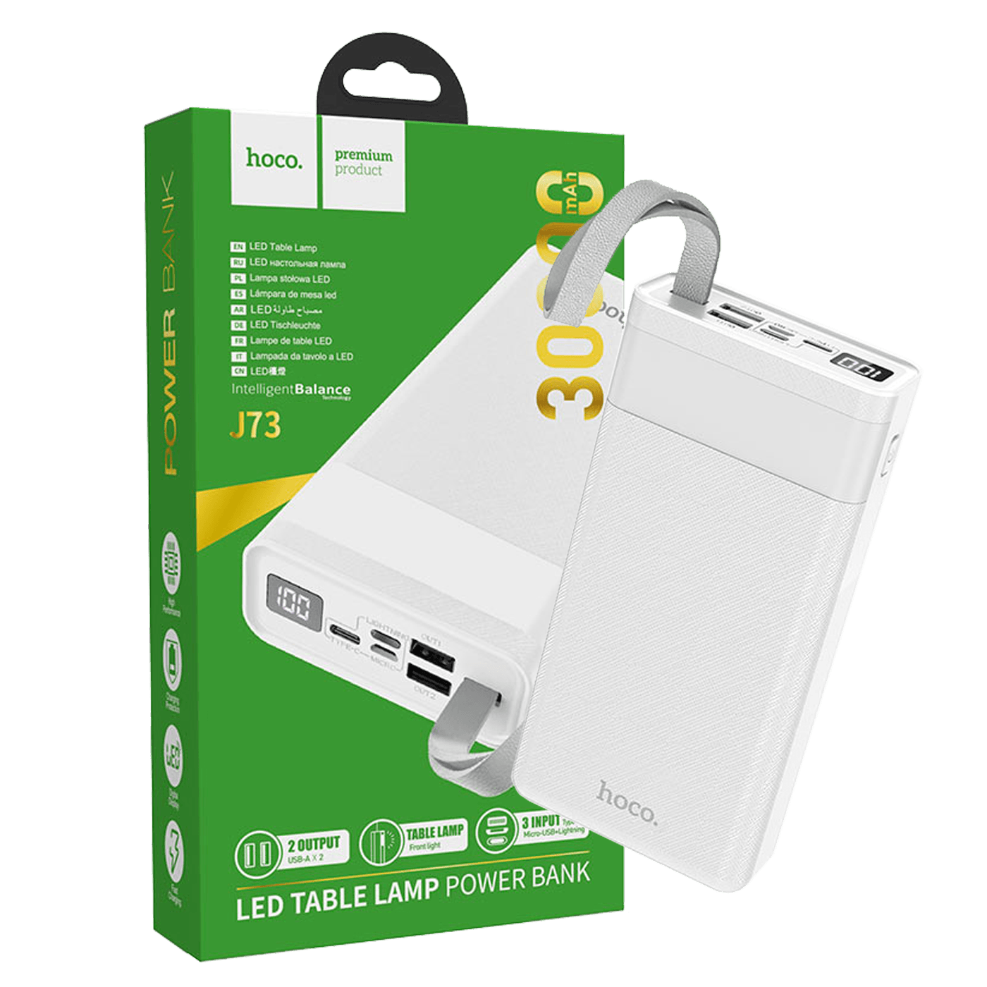 hoco. Punjač prijenosni sa lampom, Hoco j73, 30000mAh, 2A / 2A - J73 Powerful, White hoco. Punjač prijenosni sa lampom, Hoco j73, 30000mAh, 2A / 2A - J73 Powerful, White - Image 1
